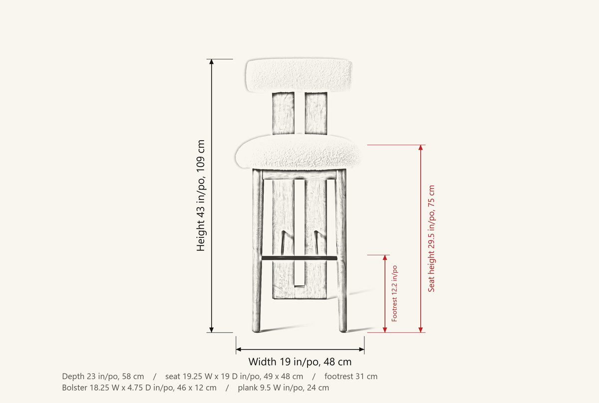 Vigoleno dimensions: 43 in high, 19 in wide, 23 in deep, seat height 29.5 in, footrest 12.2 in, seat 19.25 x 19 in