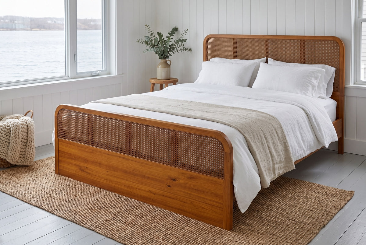 Vinci bed in a white board-panelled bedroom beside a window onto the harbour, with a jute rug and a wooden stool