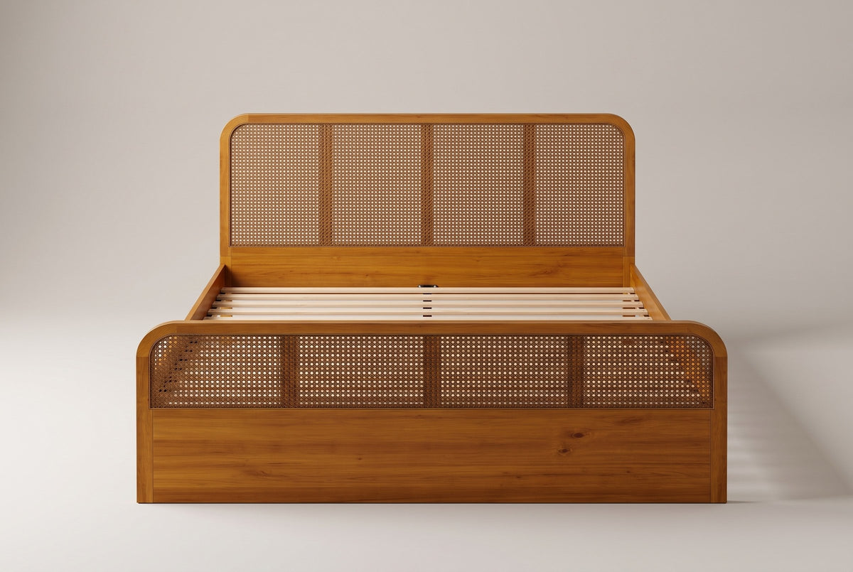 Vinci bed in walnut, straight front view: four woven panels in the rounded headboard