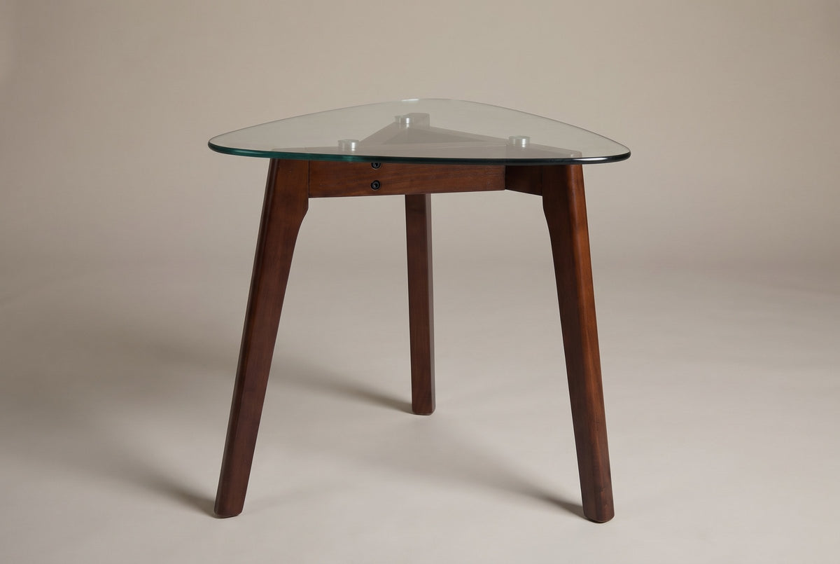 Vipiteno side table, front view: rounded-triangle glass top, three splayed walnut-stained legs