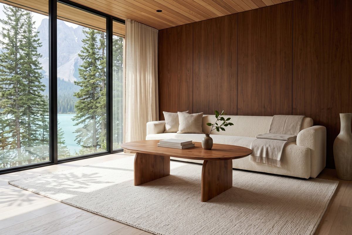 Visso coffee table in Pecan in an Emerald Lake house, with walnut panelling