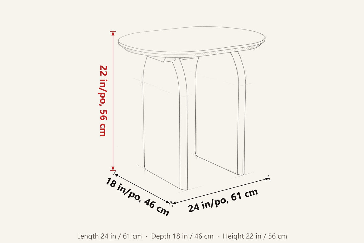 Visso side table dimensions on a pencil sketch: 24 in long, 18 in deep, 22 in high