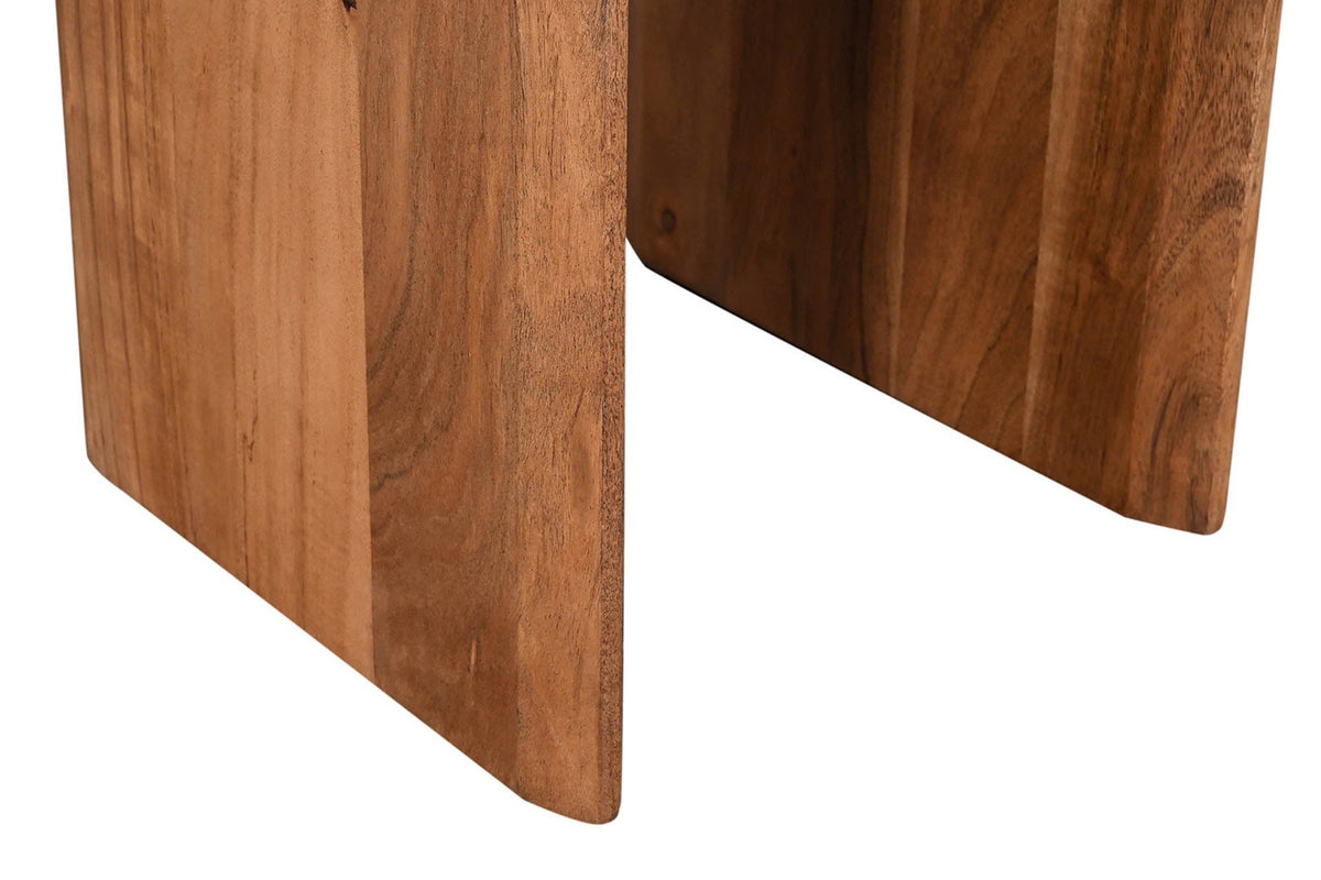 Close-up of the two Visso panel legs in Pecan: solid acacia, rounded edges, flat feet and the open space between them