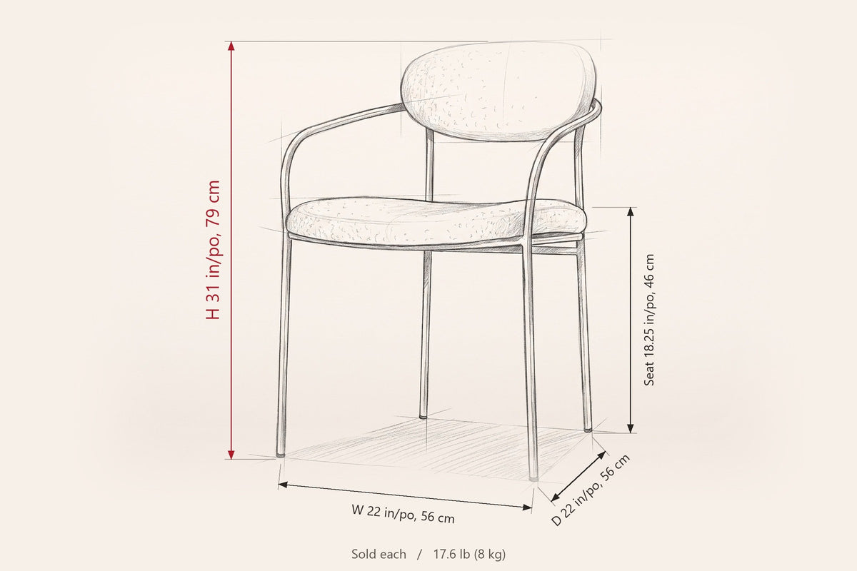 Vitorchiano arm dining chair dimensions: 22 in wide, 22 in deep, 31 in high, seat 18.25 in high
