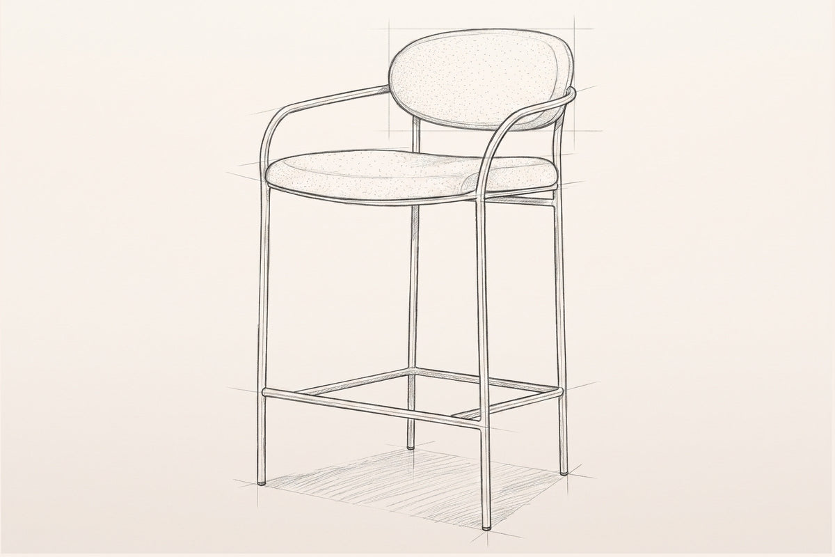 Pencil sketch of the Vitorchiano counter stool, three-quarter view