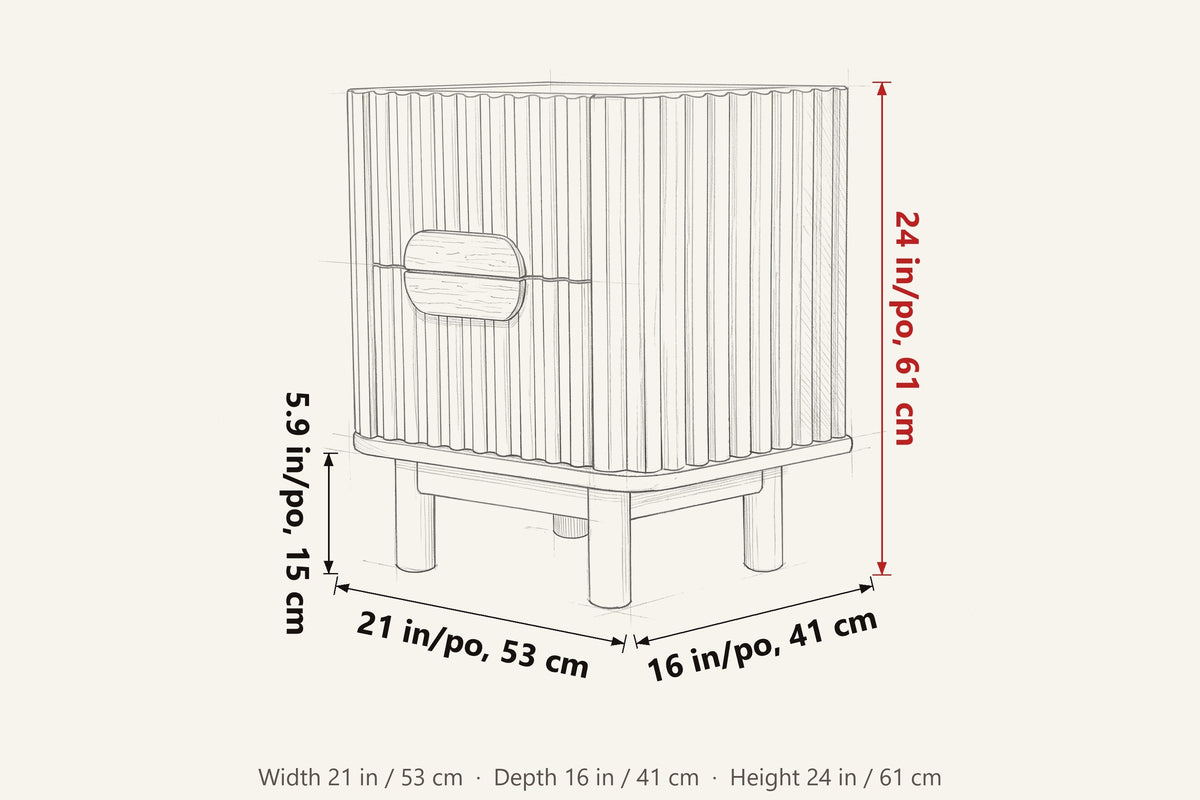 Vitorchiano dimensions on a pencil sketch of the nightstand: 21 in wide, 16 in deep, 24 in high