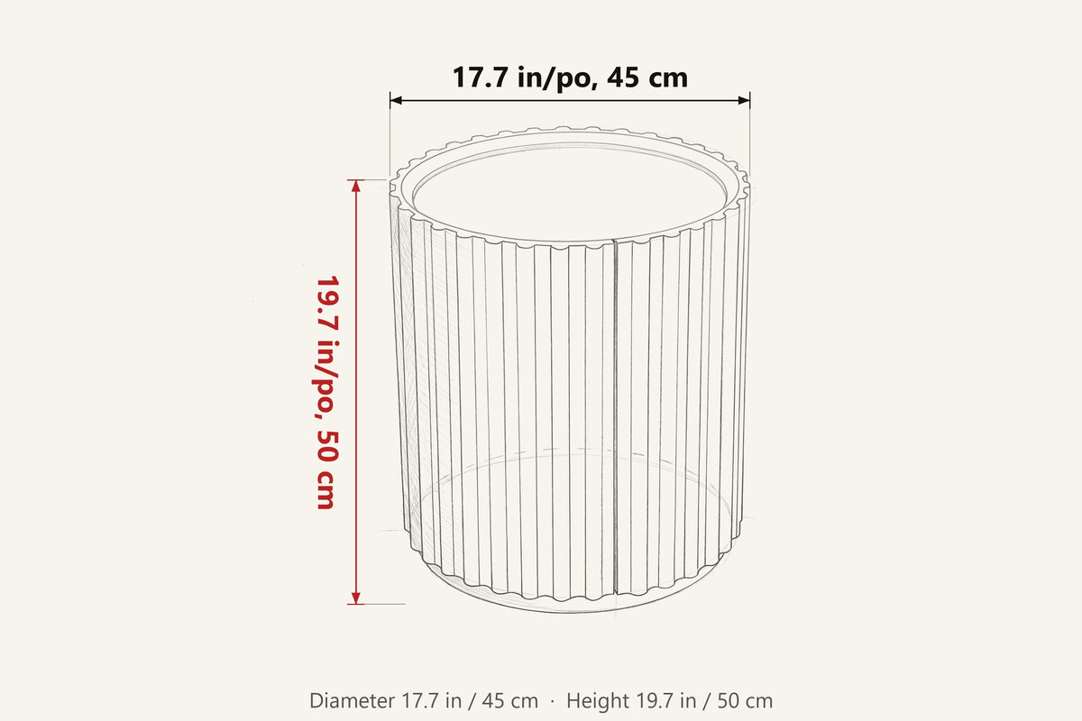 Vitorchiano side table dimensions on a pencil sketch: 17.7 in across, 19.7 in high