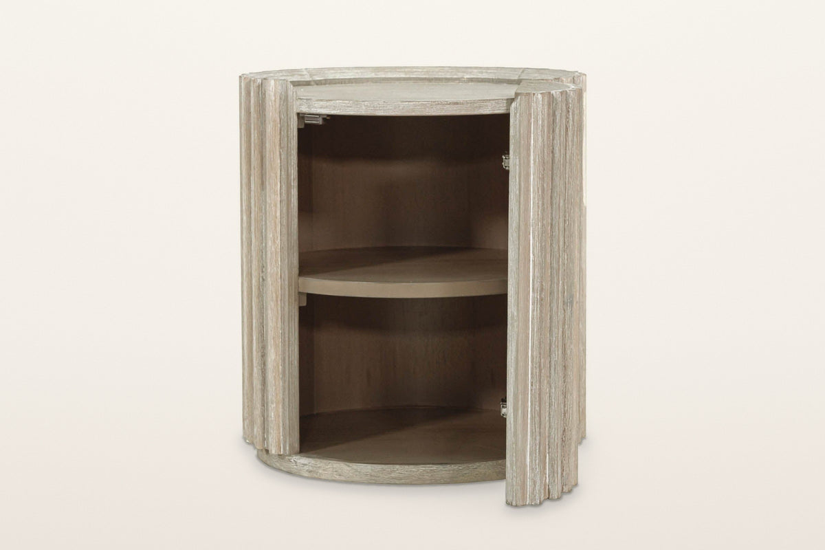 Vitorchiano side table in Natural White Washed from the front with the door open: the storage inside
