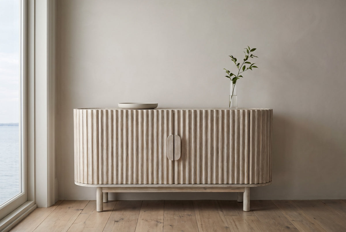 Vitorchiano sideboard in Natural White Wash against a greige limewash wall in a Kingston, Ontario limestone house dining room