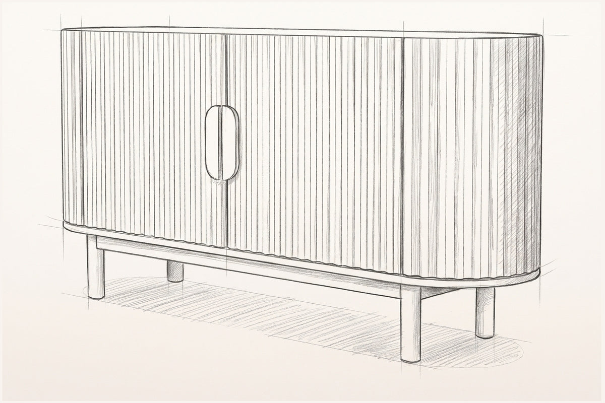 Pencil sketch of the Vitorchiano sideboard, three-quarter view