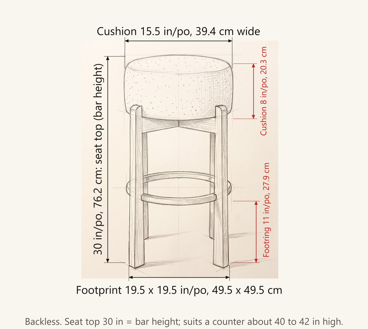 Vogogna dimensions: 30 in seat top, cushion 15.5 in wide and 8 in thick, footring 11 in off the floor