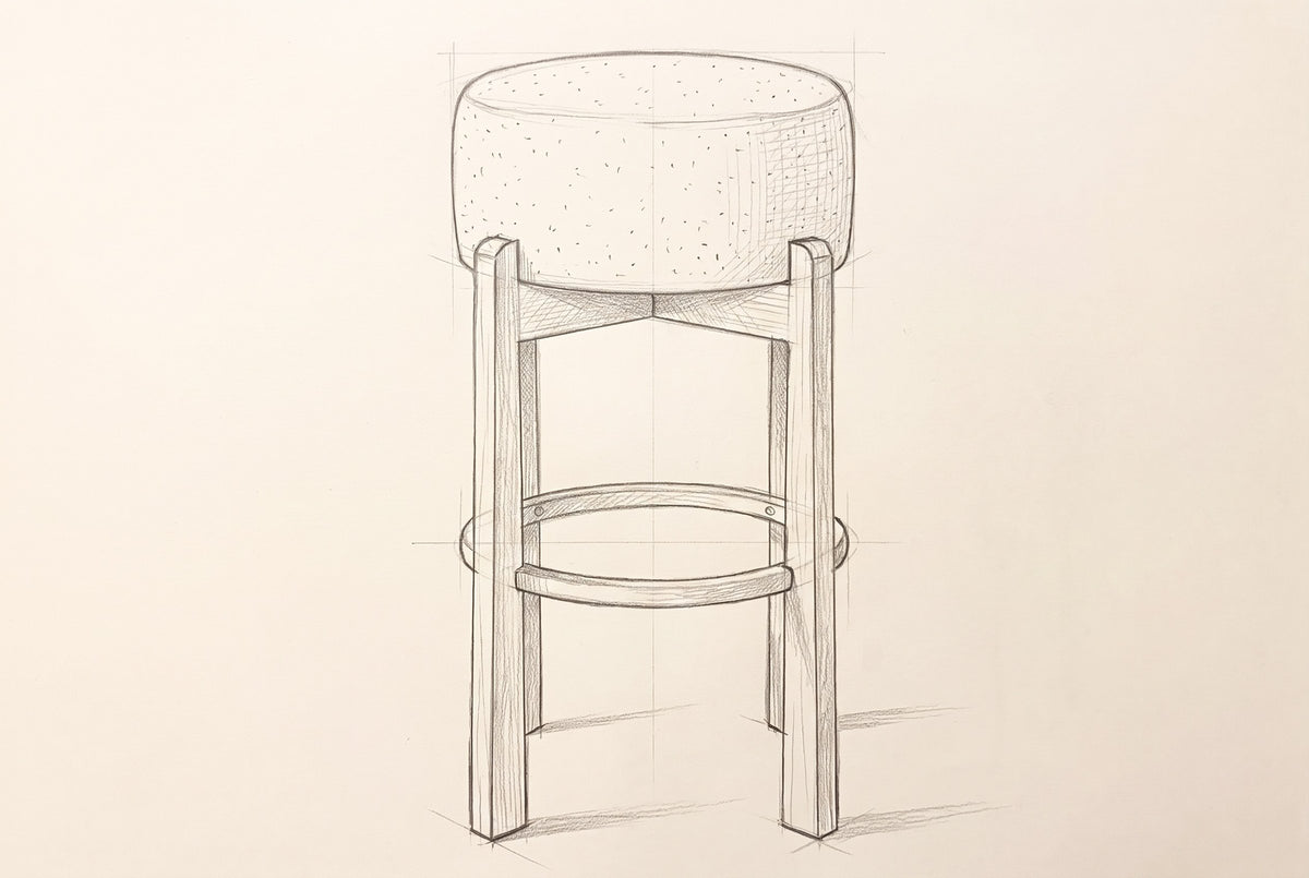 Pencil drawing of the Vogogna bar stool, front view
