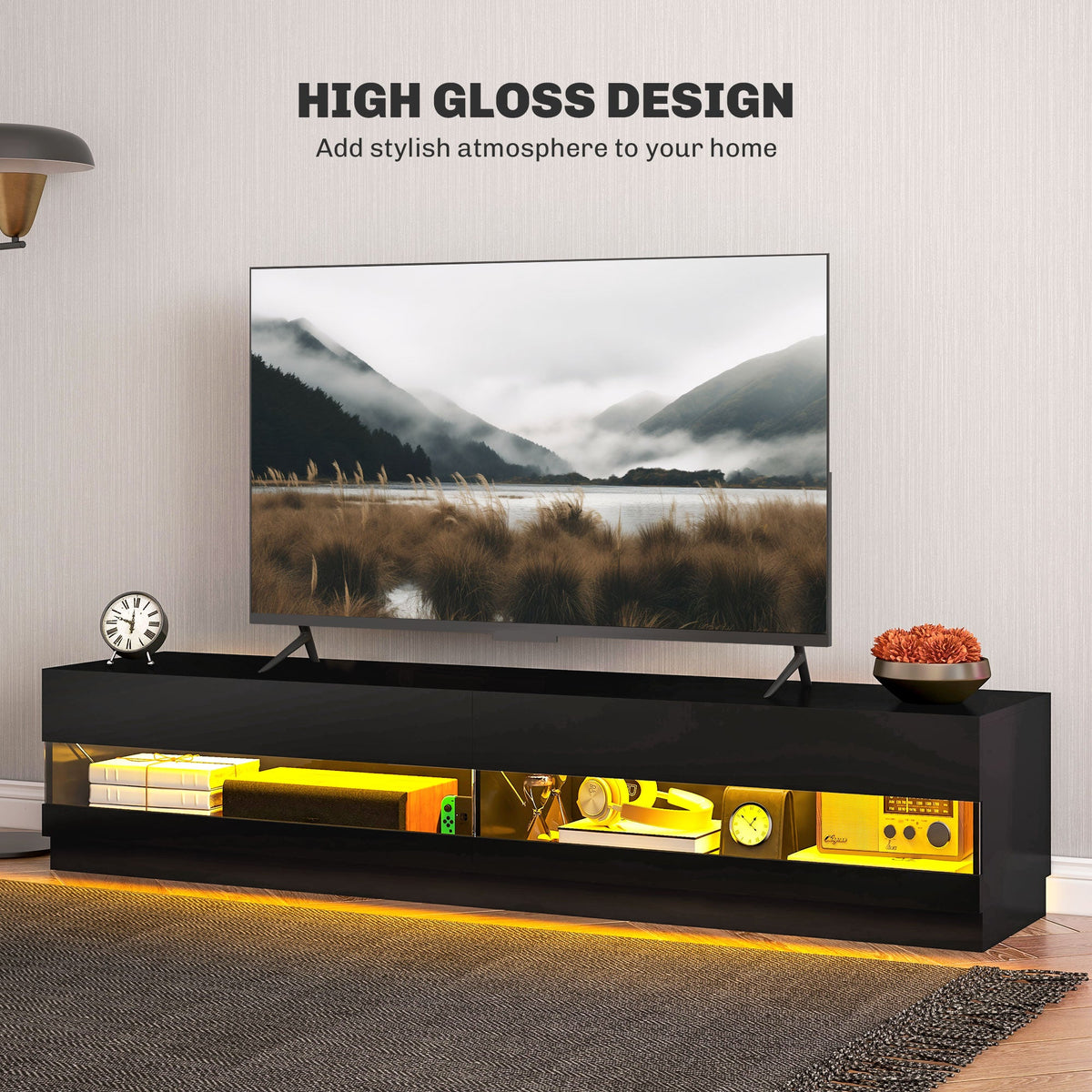 Hart Lighted TV Stand for TVs up to 75" - High Gloss Black