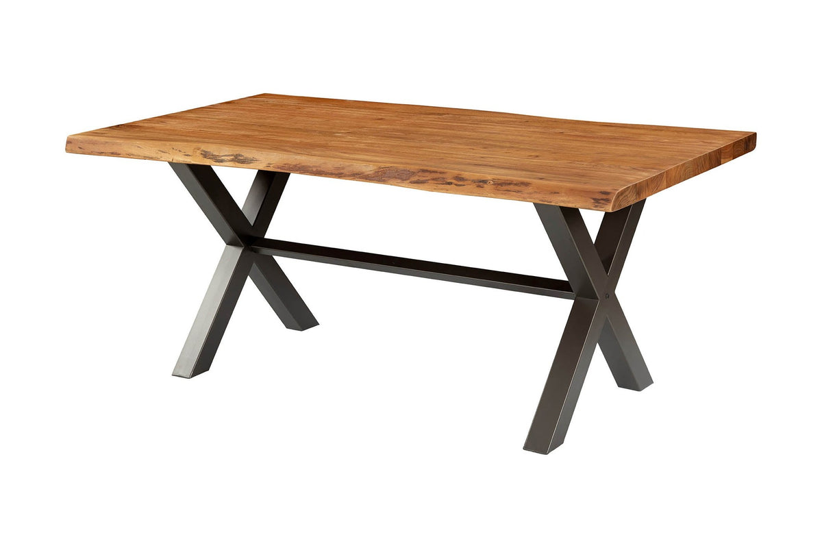 Wexford 70 in live edge solid acacia dining table on iron X base, three-quarter view