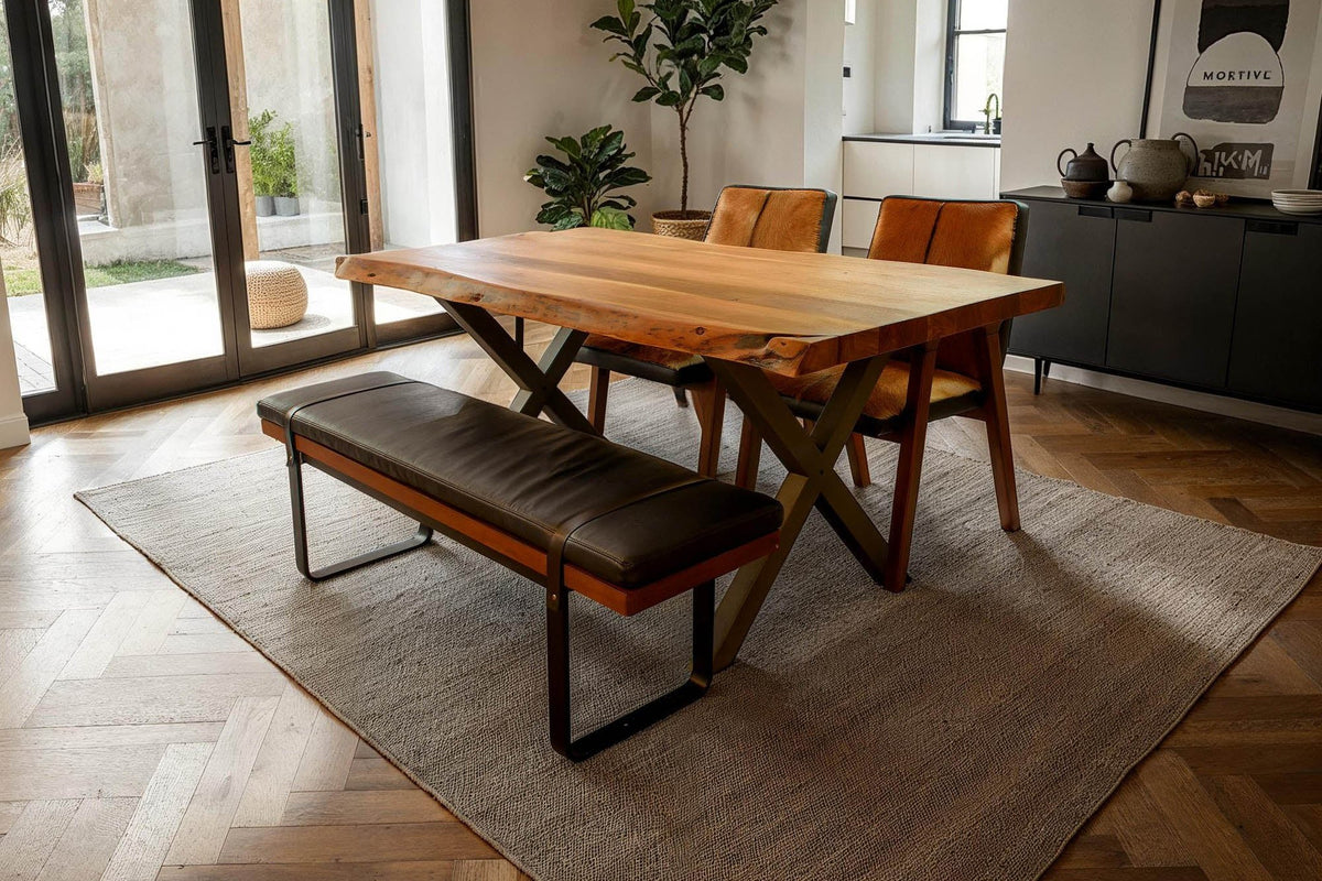 Wexford 70 in live edge table in a dining room with beamed ceiling