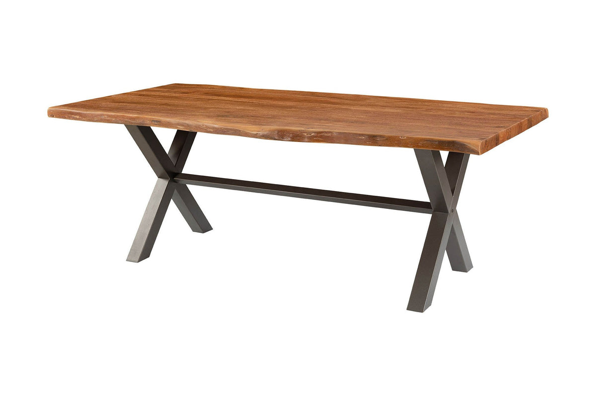 Wexford 82 in live edge solid acacia dining table on iron X base, three-quarter view