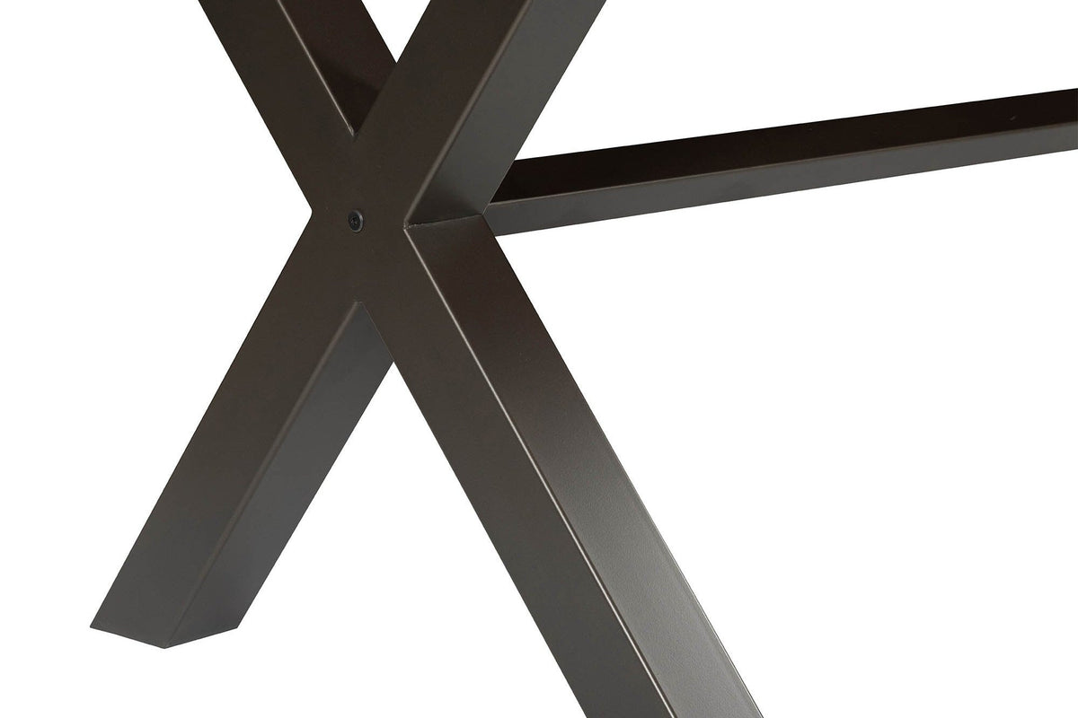 Wexford dining table close-up of the iron X leg and centre stretcher