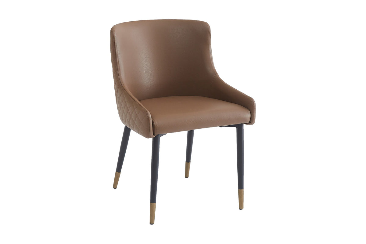 Wilkes brown faux leather dining chair with gold-tipped black metal legs, three-quarter view