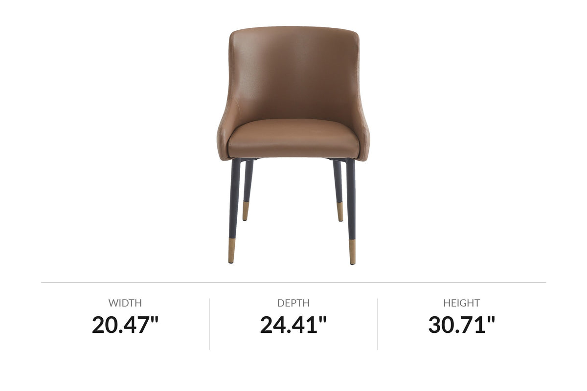 Wilkes brown faux leather dining chair, front view with dimensions