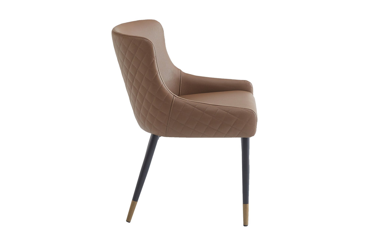 Wilkes brown faux leather dining chair, side profile with quilted back and seat side
