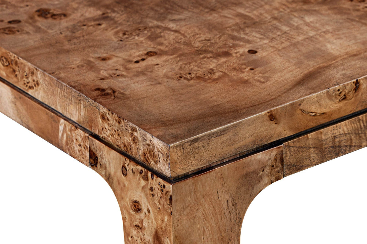 Winslow dark burl veneer corner detail with rounded leg joint