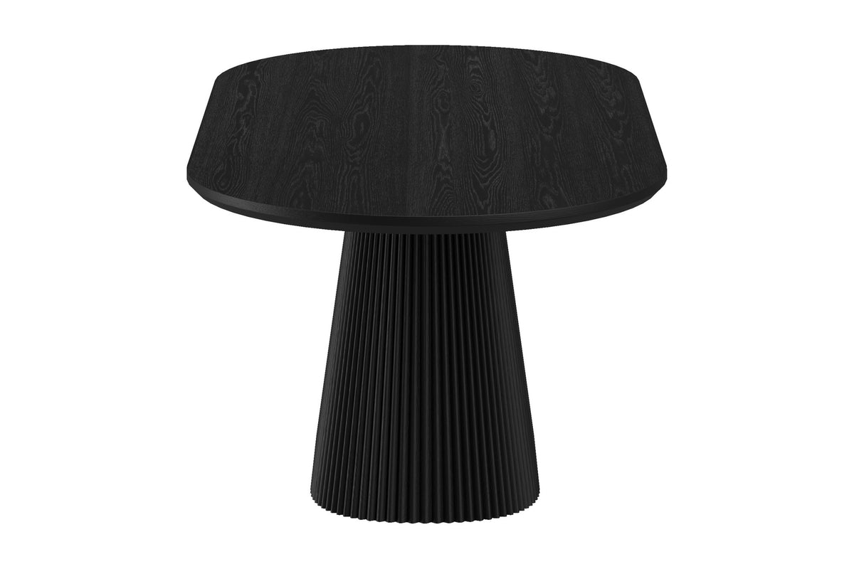 Yale black oval dining table, high-angle end view showing the rounded top