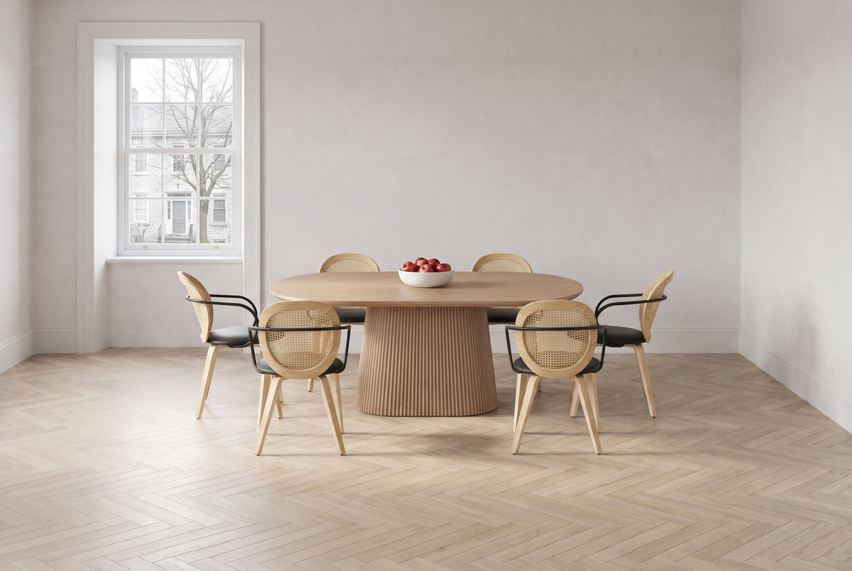 Yale 7-piece dining set in natural oak in a Kingston limestone house dining room with white plaster walls and a herringbone oak floor