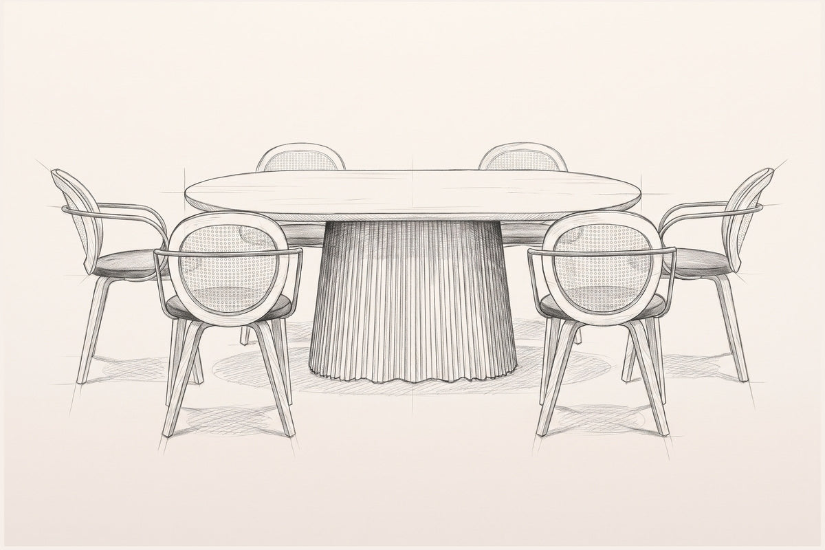 Pencil sketch of the Yale 7-piece dining set with cane-back armchairs, the long side straight on