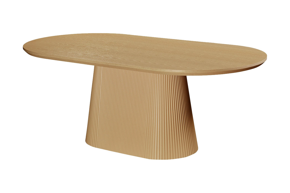 Yale oak veneer oval pedestal dining table in natural finish, three-quarter view
