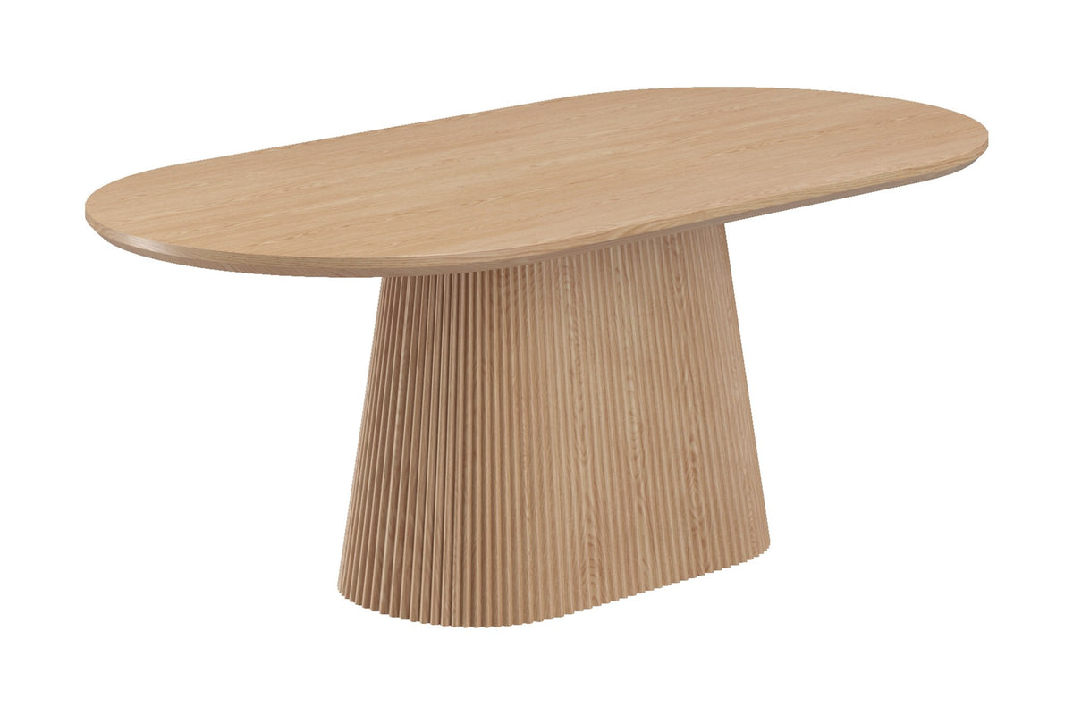 Yale oval dining table, high-angle three-quarter view of the oak veneer top