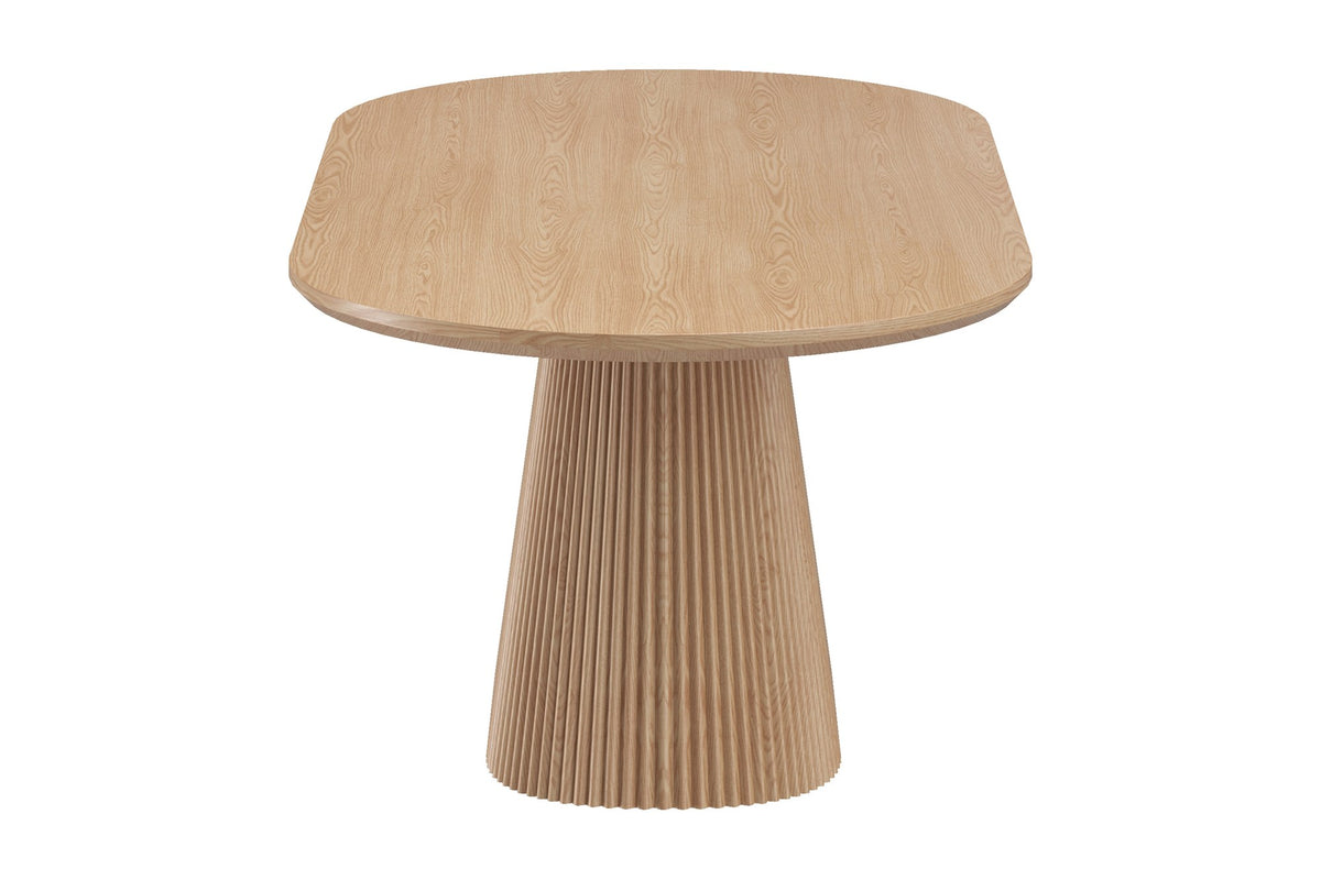 Yale oval dining table, end view showing the rounded top and reeded base