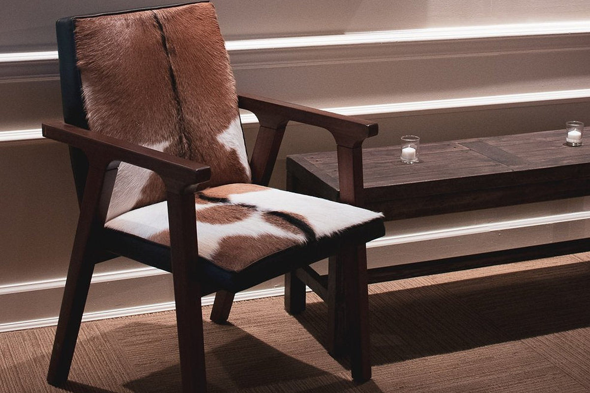 Yardley goat hide chair beneath framed artwork in a softly lit hallway