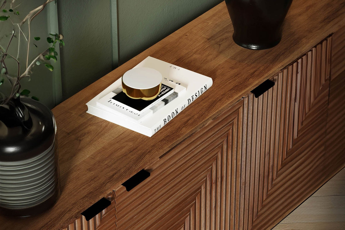 Top of the Zephyr sideboard with black tab pulls and styled decor