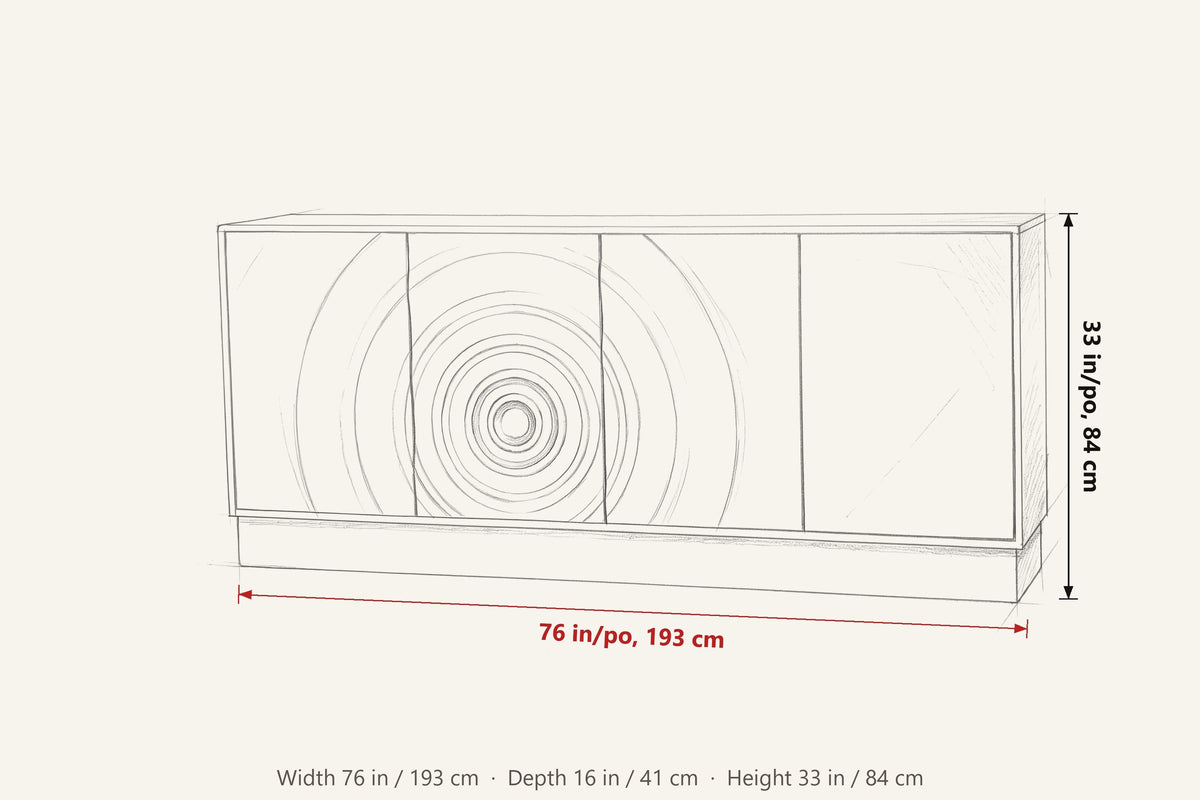 Zibello dimensions on a pencil sketch of the sideboard: 76 in wide, 16 in deep, 33 in high