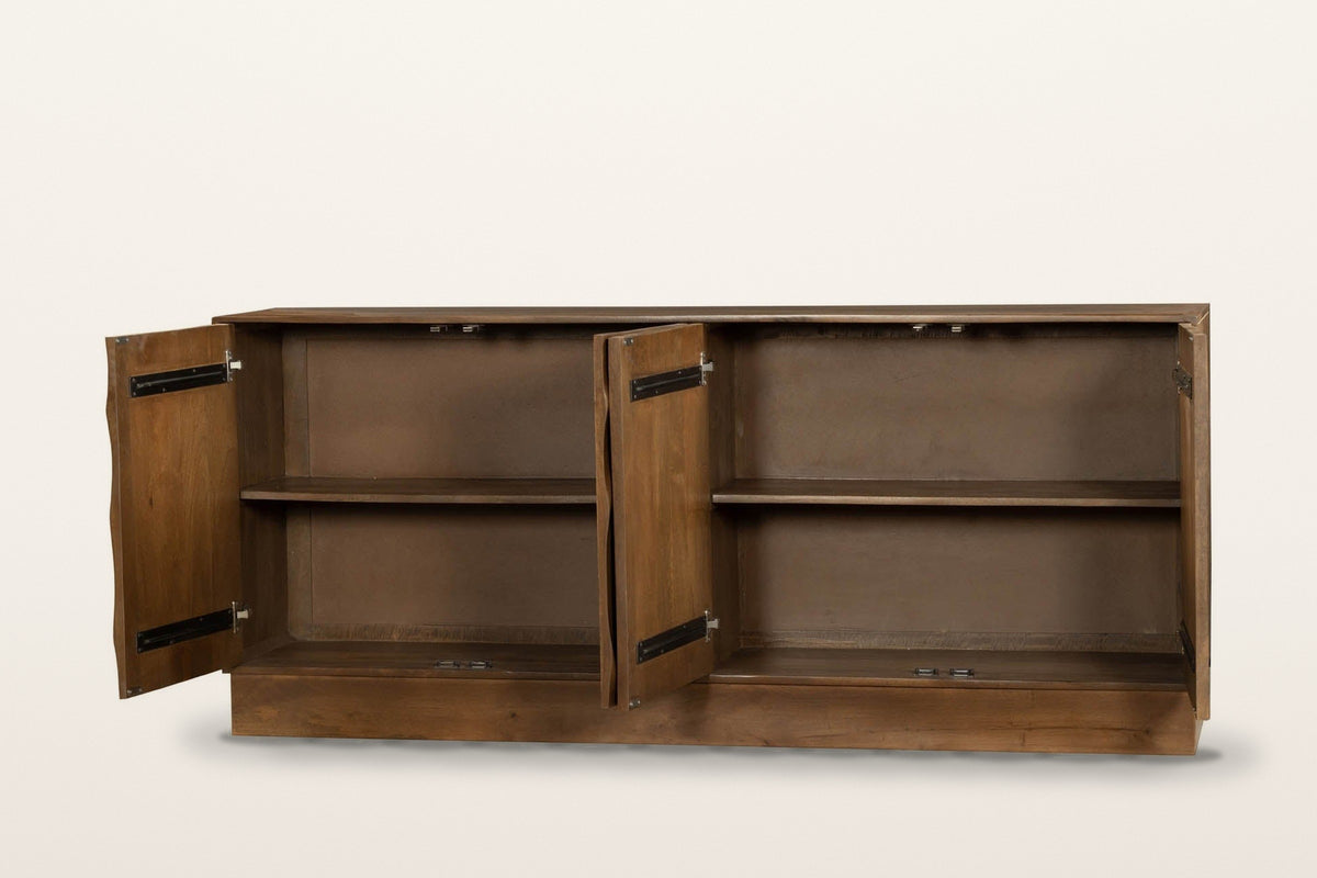 Zibello sideboard in Light Walnut with all four doors open on a warm white studio backdrop