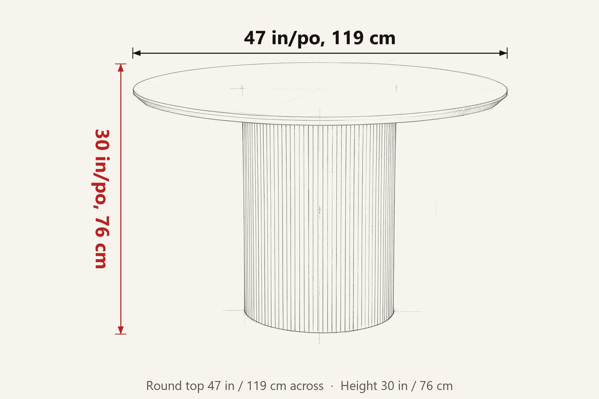 Zuccarello dimensions on a pencil sketch of the table: 47 in across, 30 in high