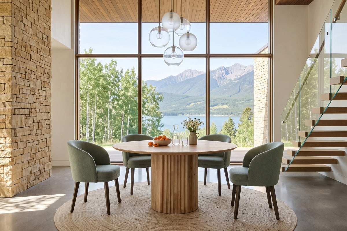Zuccarello round dining table in an Invermere house, with a honey sandstone wall, a floating oak stair