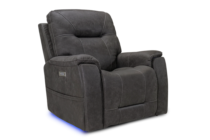 Left-Side's Acute Angle Front View of A Classic, Steel Grey, Single Seat, Fabric Recliner Chair.