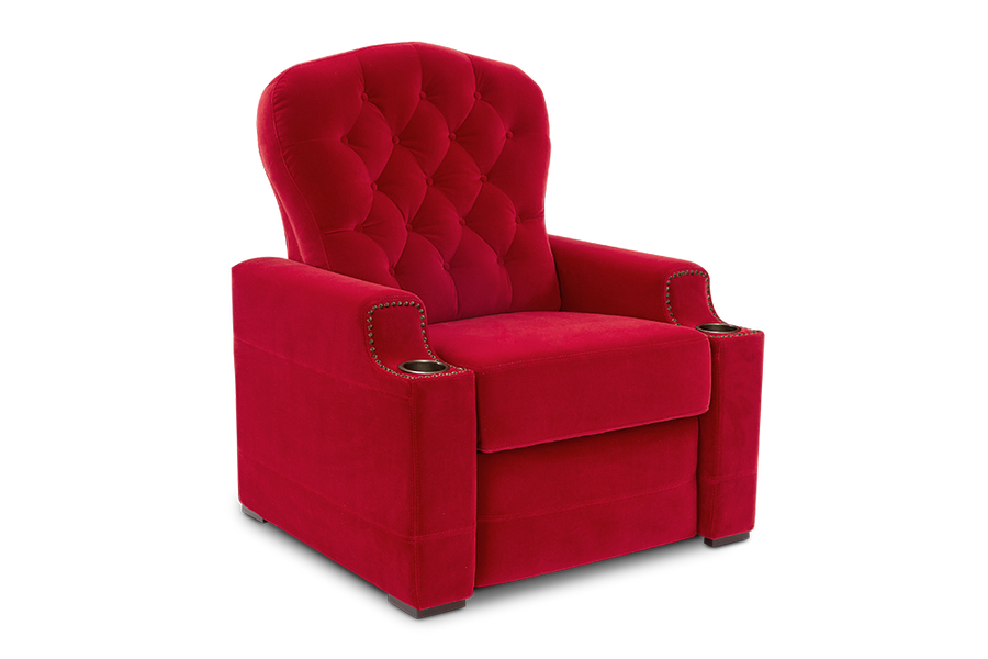 Left Angled Front View of A Luxurious, Rich Red, Single Seat, Italian Moulin Velour Fabric Recliner Chair.