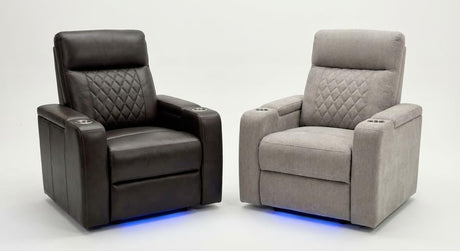 Dark leather and light fabric theater recliners side by side showing material contrast