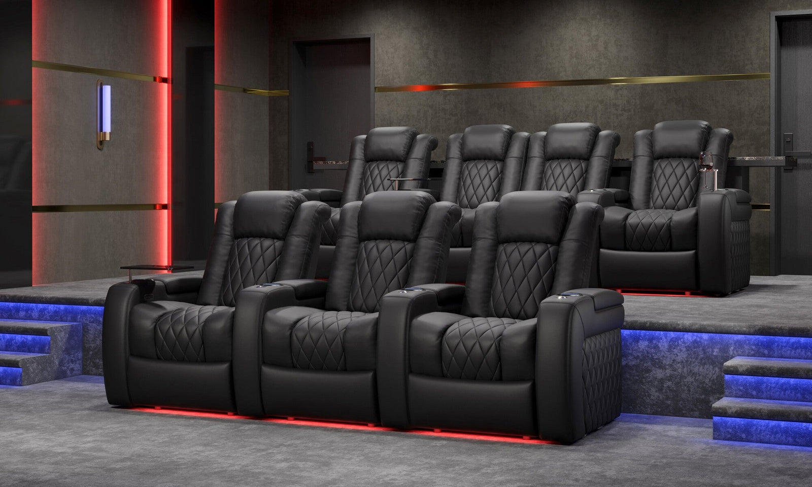 Valencia Tuscany theater seating with cup holders, USB charging, and LED lighting