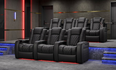 Valencia Tuscany theater seating with cup holders, USB charging, and LED lighting