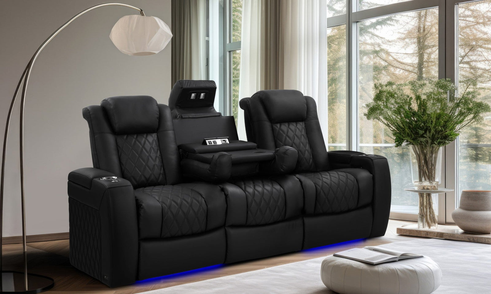 Valencia Tuscany Luxury Console home theatre seating in Onyx leather
