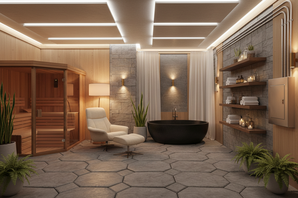 Home Spa Room Layout: Sauna, Recliner, Lighting, Electrical Planning, and Storage
