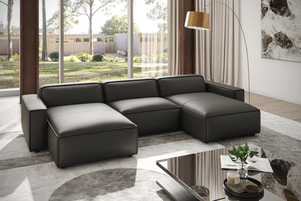 Valencia Nathan Full Aniline Leather Modular Sofa with Down Feather, Row of 3 Double Chaise, Black Color