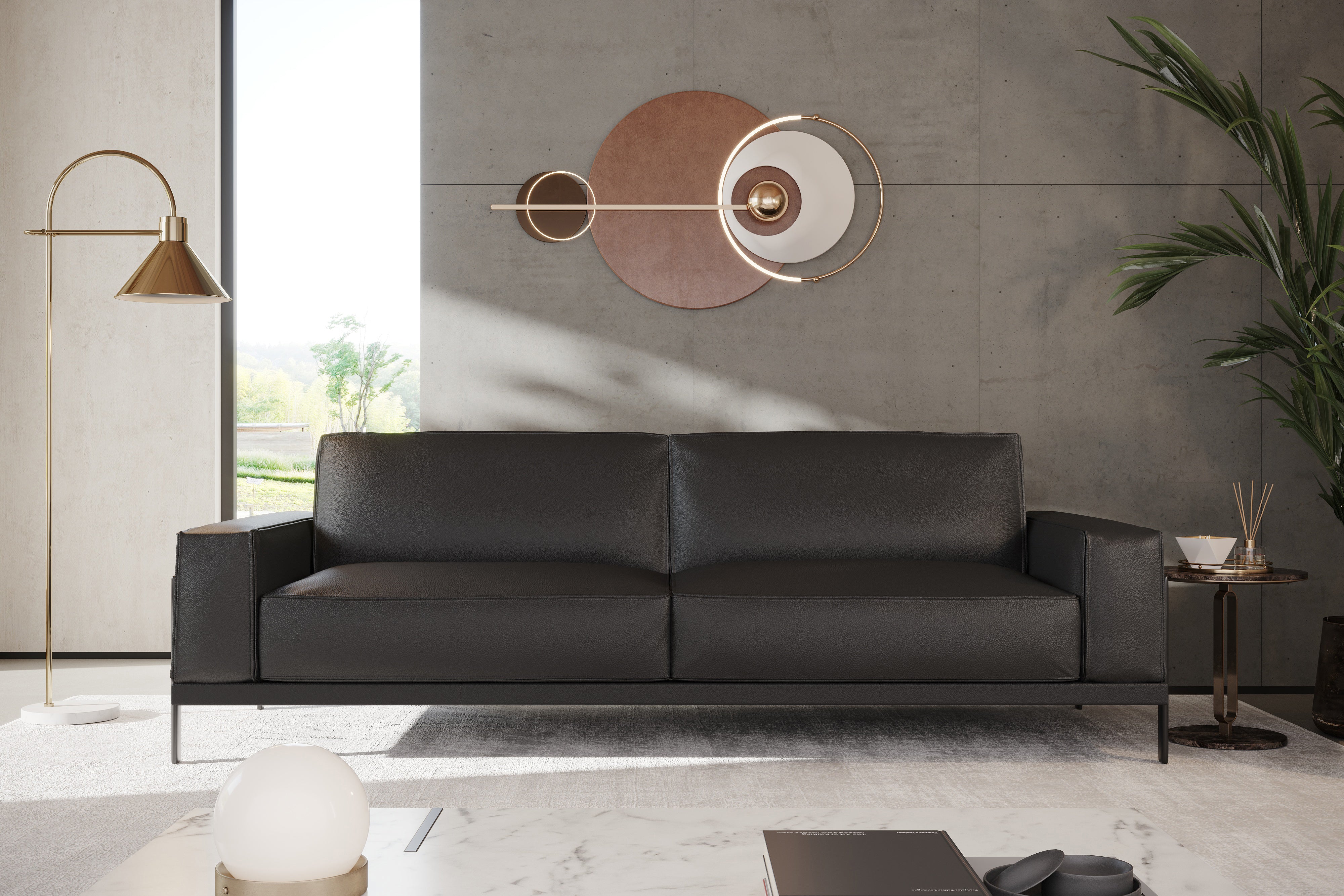 Valencia Chiara Leather Sofa with Steel Frame, Black Color