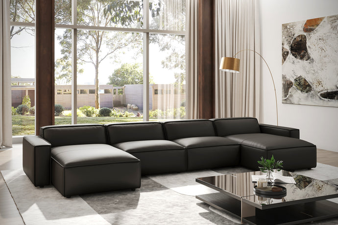 Valencia Nathan Full Aniline Leather Modular Sofa with Down Feather, Row of 4 Double Chaise, Black Color