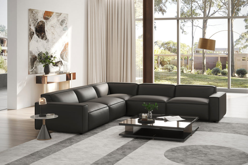 Valencia Nathan Aniline Leather Lounge Modular Sofa, L-Shape, Black Color