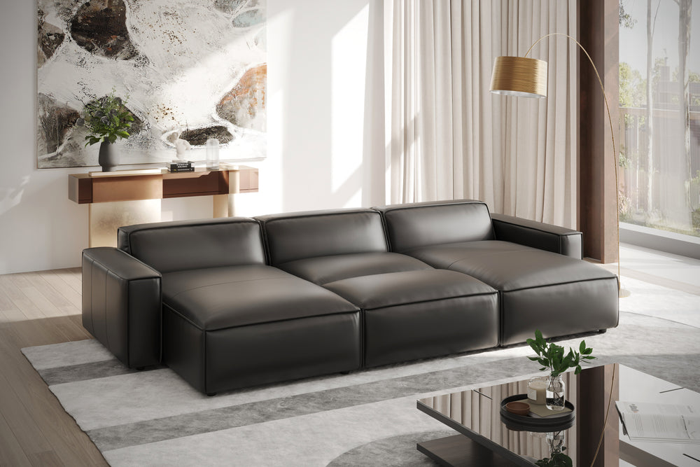 Valencia Nathan Full Aniline Leather Modular Sofa with Down Feather, Bed Shape, Black Color