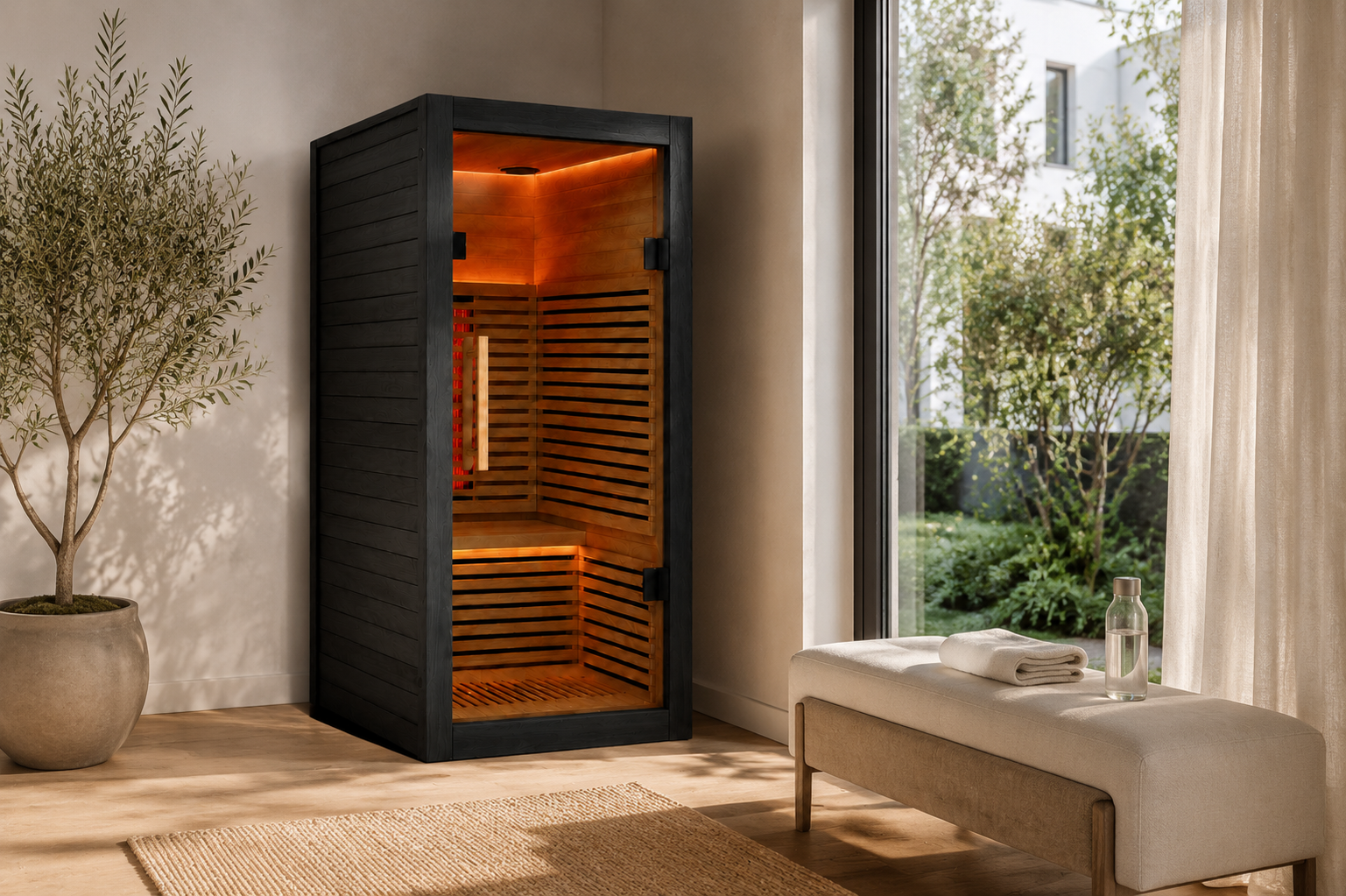 Valencia Aura™ 1-Person Full Spectrum Low-EMF Infrared Sauna | Black Exterior | Canadian Red Cedar
